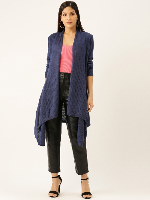 

American Eye Women Navy Blue Open Knit Front-Open Asymmetric Longline Sweater