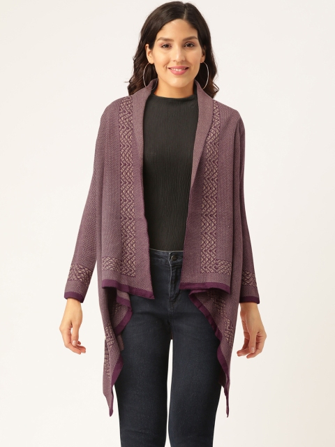 

American Eye Women Aubergine & Beige Self Design Front-Open Sweater, Purple