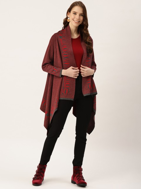 

American Eye Women Maroon & Charcoal Grey Self Design Open Front Winter Shrug
