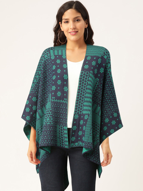 

American Eye Women Blue & Green Self Design Kaftan Style Front-Open Sweater
