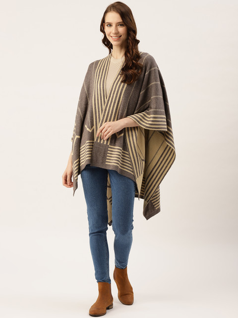 

American Eye Women Brown & Cream-Coloured Striped Longline Asymmetric Front-Open Sweater