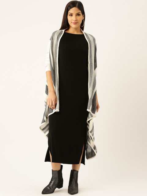 

American Eye Women White & Grey Striped Front-Open Longline Asymmetric Sweater
