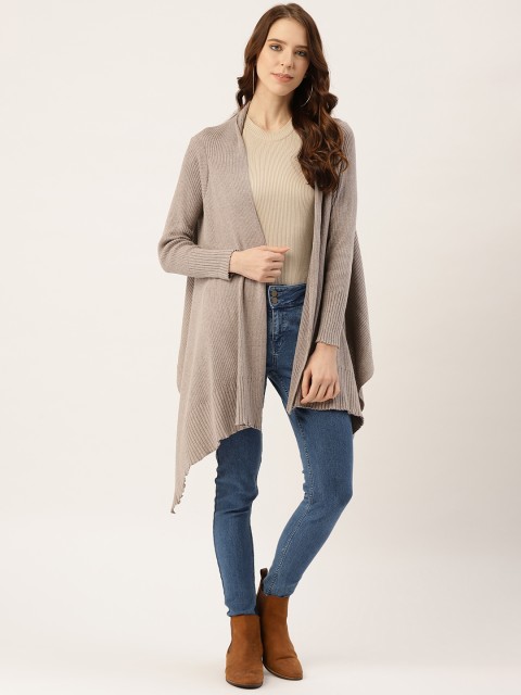 

American Eye Women Taupe Ribbed Longline Open-Front Winter Shrug