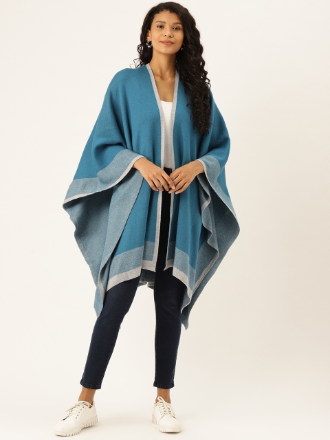 

American Eye Women Blue Solid Longline Open Front Cape Winter Shrug