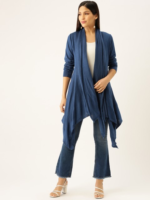 

American Eye Women Blue Solid Longline Open Front Winter Shrug