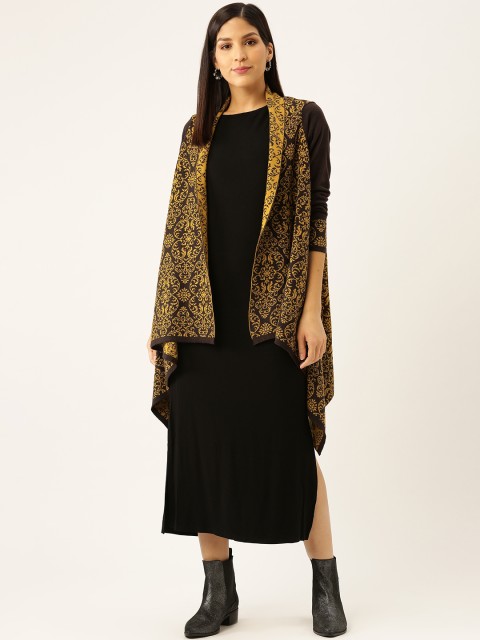 

American Eye Women Brown & Mustard Yellow Woven Design Longline Open Front Winter Shrug
