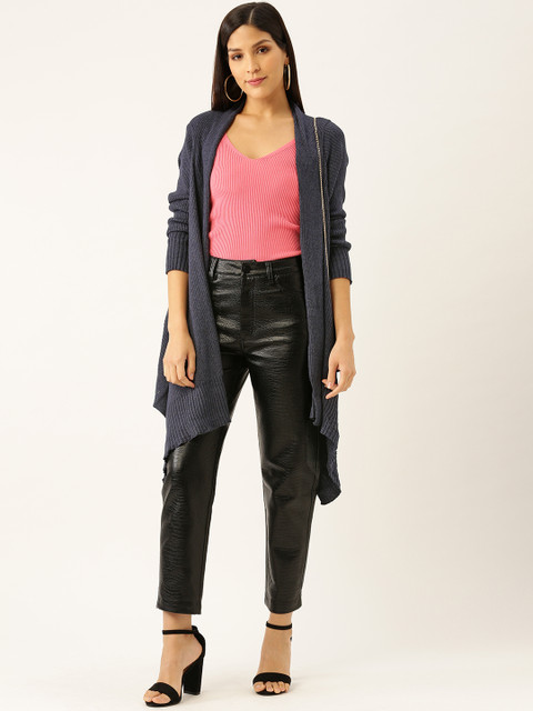 

American Eye Women Navy Blue Ribbed Front-Open Asymmetric Longline Sweater