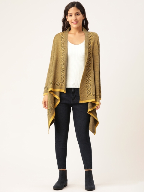 

American Eye Women Mustard Yellow & Navy Blue Self Design Front-Open Sweater