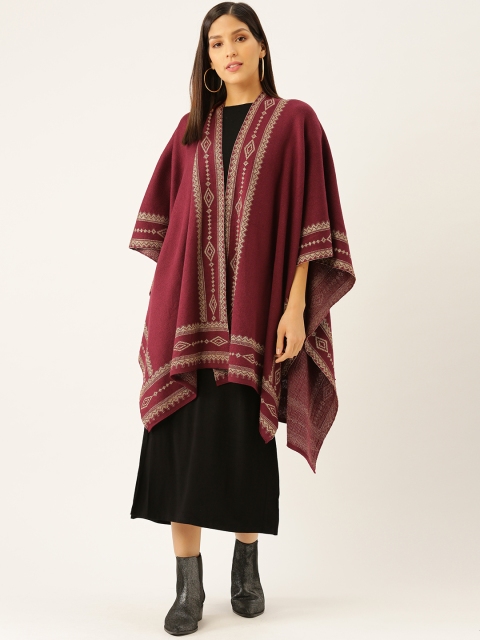 

American Eye Women Maroon & Golden Self Design Front-Open Asymmetric Longline Sweater