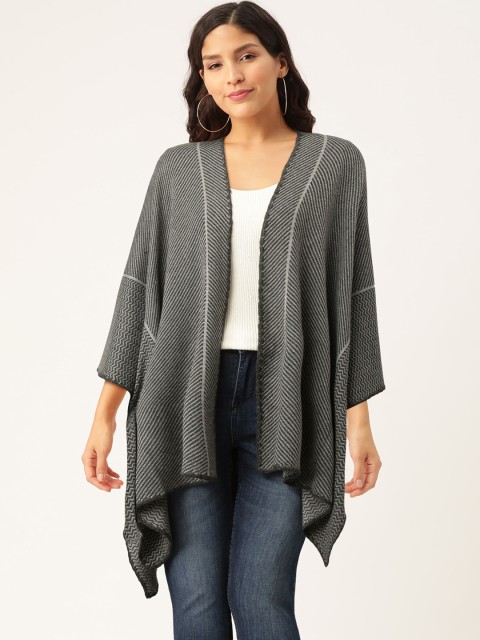 

American Eye Women Grey Striped Front-Open Sweater
