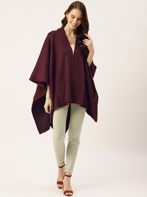 

American Eye Women Maroon & Navy Blue Striped Open Front Cape Winter Shrug