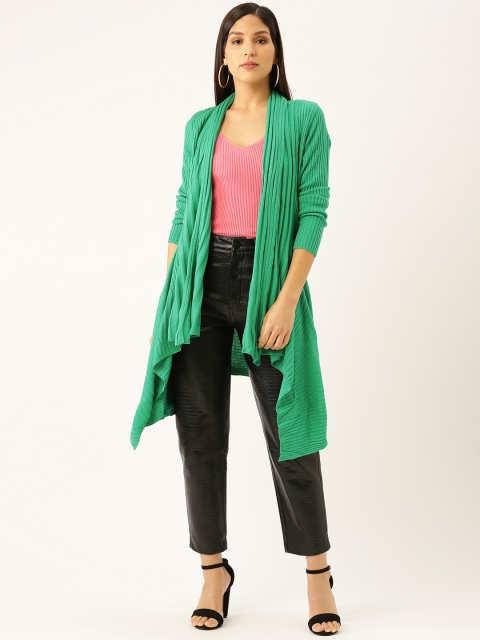 

American Eye Women Green Ribbed Front-Open Asymmetric Longline Sweater