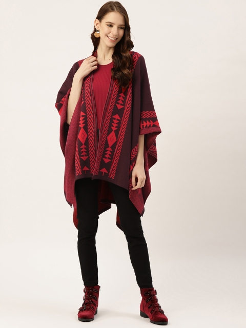 

American Eye Women Wine-Coloured & Red Self Design Longline Asymmetric Front-Open Sweater, Burgundy