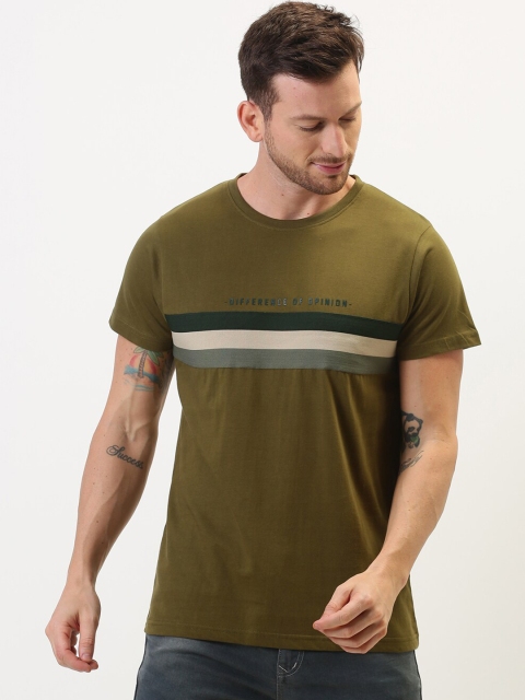 

Difference of Opinion Men Olive Green Striped Round Neck T-shirt