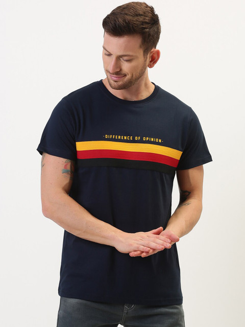 

Difference of Opinion Men Navy Blue Striped Round Neck T-shirt