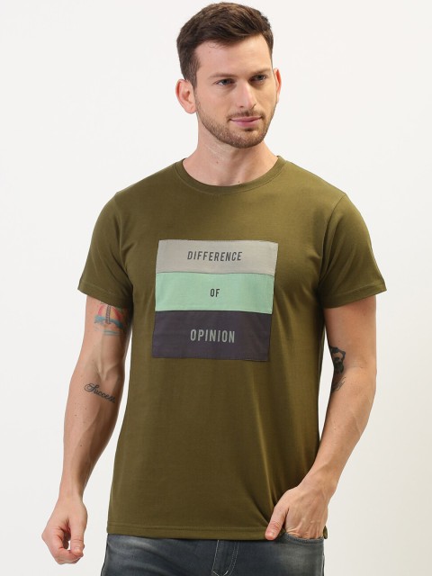 

Difference of Opinion Men Olive Green Brand Logo Print Round Neck T-shirt