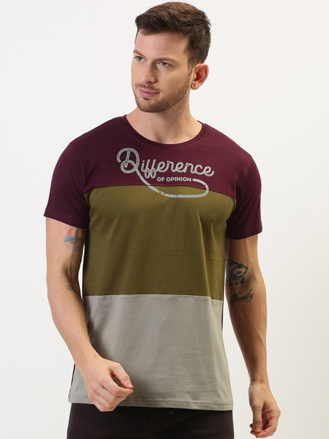 

Difference of Opinion Men Maroon & Olive Green Colourblocked Round Neck T-shirt