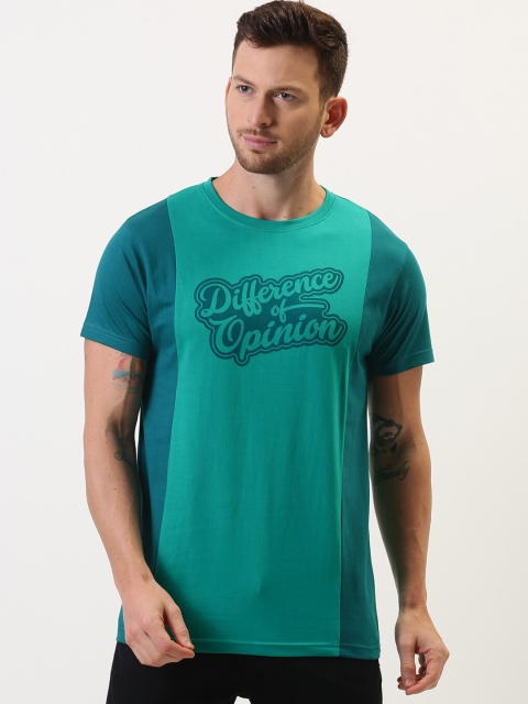

Difference of Opinion Men Green & sea Green Colourblocked Brand Logo Print T-shirt