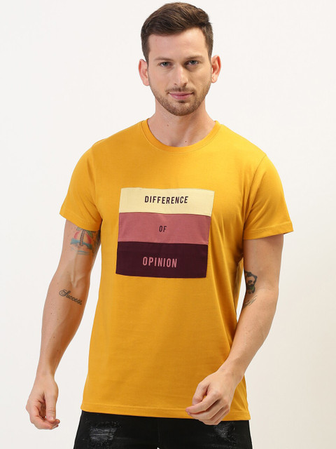 

Difference of Opinion Men Mustard Yellow & Pink Printed Round Neck T-shirt