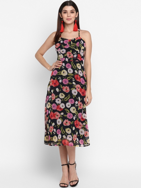 

MIAMINX Women Black & Red Floral Printed Fit and Flare Dress