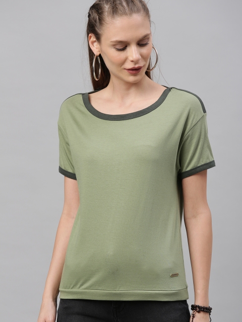 

Roadster Women Olive Green Solid Round Neck T-shirt
