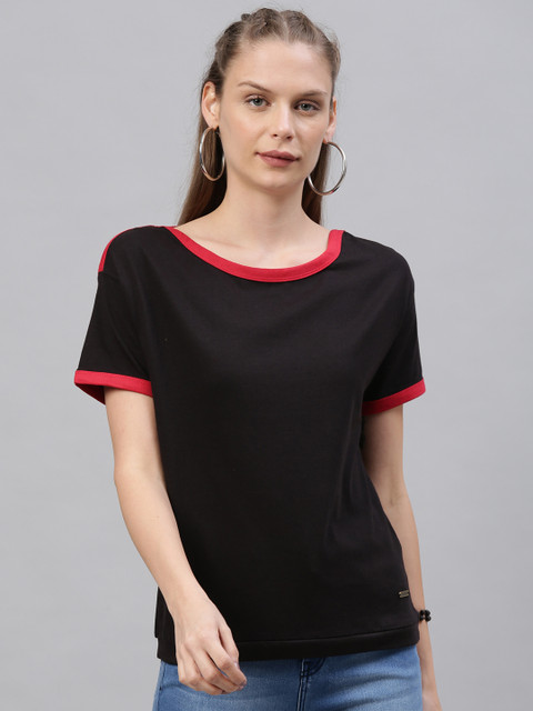 

Roadster Women Black Solid Drop-Shoulder Contrast Round Neck Pure Cotton T-shirt