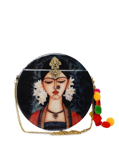 

Anekaant Black & Beige Printed Tasselled Box Wooden Clutch