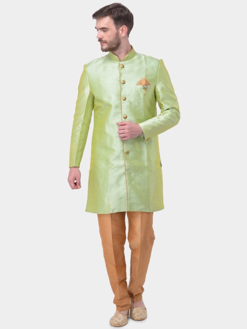 

SG LEMAN Men Green & Brown Raw Silk Solid Sherwani Set