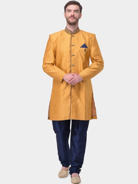 

SG LEMAN Men Yellow & Blue Raw Silk Sherwani Set