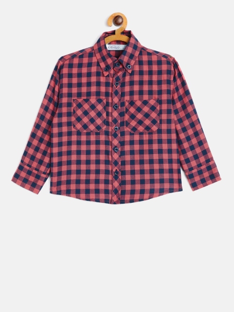 

KIDKLO Boys Coral Pink & Navy Blue Checked Casual Shirt