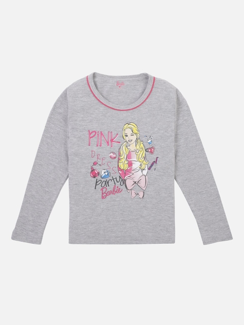 

PROTEENS Girls Grey & Pink Barbie Printed Round Neck T-shirt