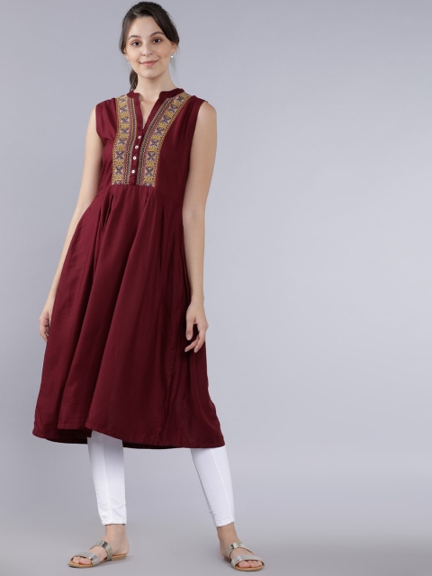 

Vishudh Women Maroon Geometric Embroidered Thread Work Anarkali Kurta