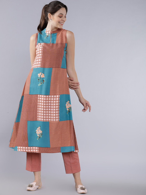 

Vishudh Women Peach-Coloured & Blue Printed Kurta with Trousers