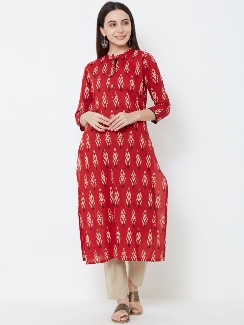

FASHOR Women Maroon & Beige Ikkat Printed Straight Kurta