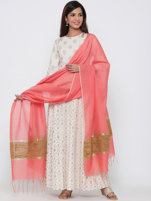 

Jaipur Kurti Women Off-White & Peach-Coloured Printed Kurta with Churidar & Dupatta