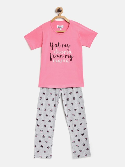 

Nite Flite Girls Pink & Grey Printed Night suit