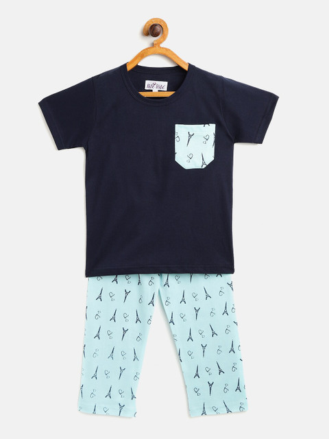 

Nite Flite Boys Navy Blue & Sky Blue Printed Night suit