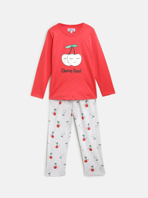 

Nite Flite Girls Red & Grey Printed Night Suit
