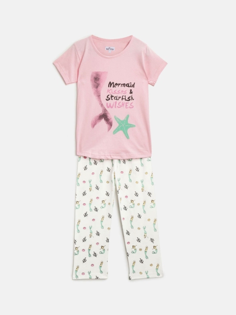 

Nite Flite Girls Pink & White Printed Night Suit