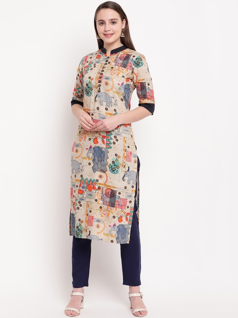 

Vastrachowk Women Cream-Coloured & Blue Printed Straight Kurta