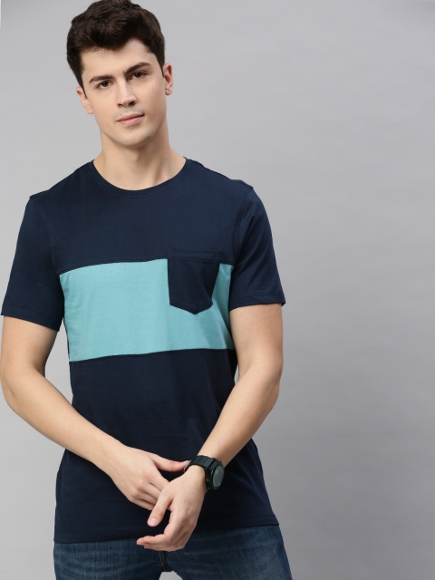 

Mast & Harbour Men Navy Blue Colourblocked Round Neck T-shirt with Pocket