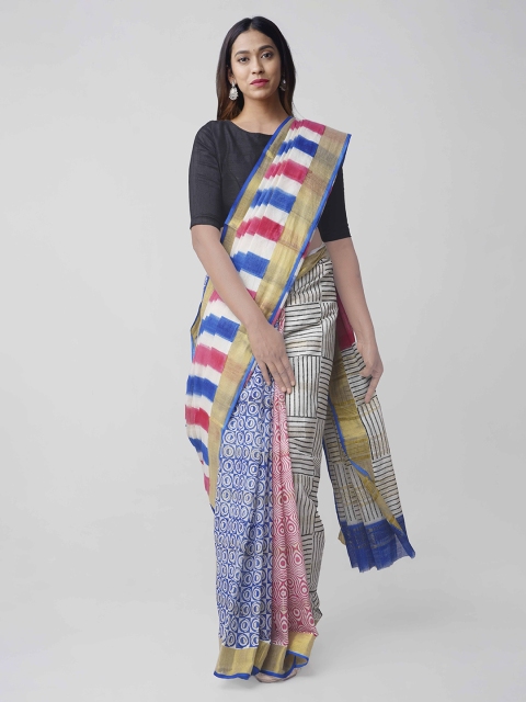 

Unnati Silks Multicoloured Pure Cotton Hand Block Printed Kasavu Saree, Multi