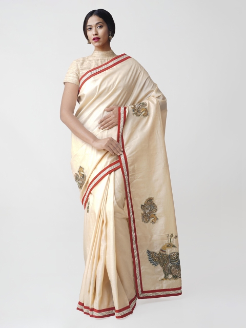 

Unnati Silks Cream-Coloured Pure Silk Embellished Kasavu Handloom Saree