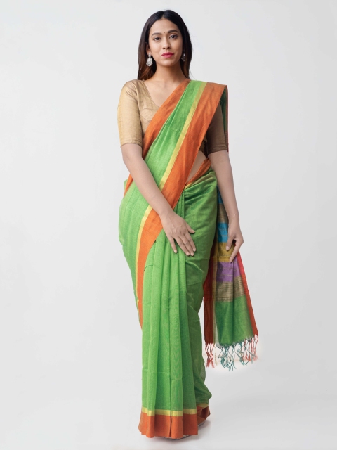 

Unnati Silks Green & Orange Silk Cotton Solid Chanderi Saree