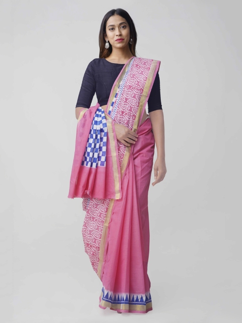 

Unnati Silks White & Pink Pure Cotton Printed Kasavu Saree