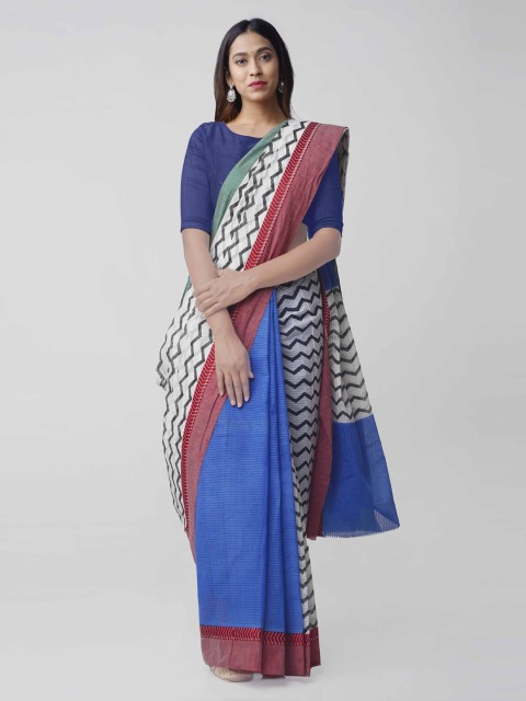 

Unnati Silks White & Blue Pure Cotton Colourblocked Saree