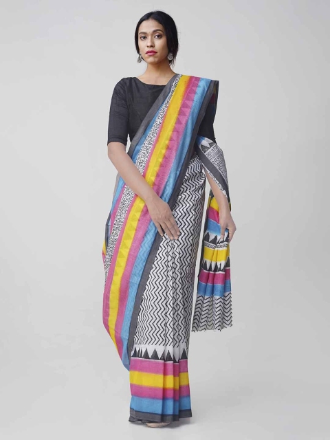 

Unnati Silks White & Black Pure Cotton Hand Block Printed Kasavu Saree