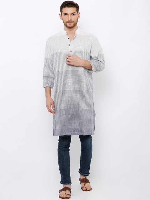 

SALWAR STUDIO Men Grey & Off-White Striped Straight Kurta