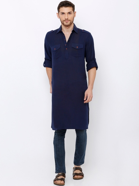

SALWAR STUDIO Men Navy Blue Solid Pathani Kurta
