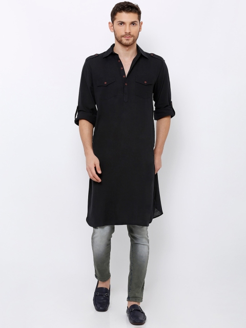 

SALWAR STUDIO Men Black Solid Pathani Handloom Kurta